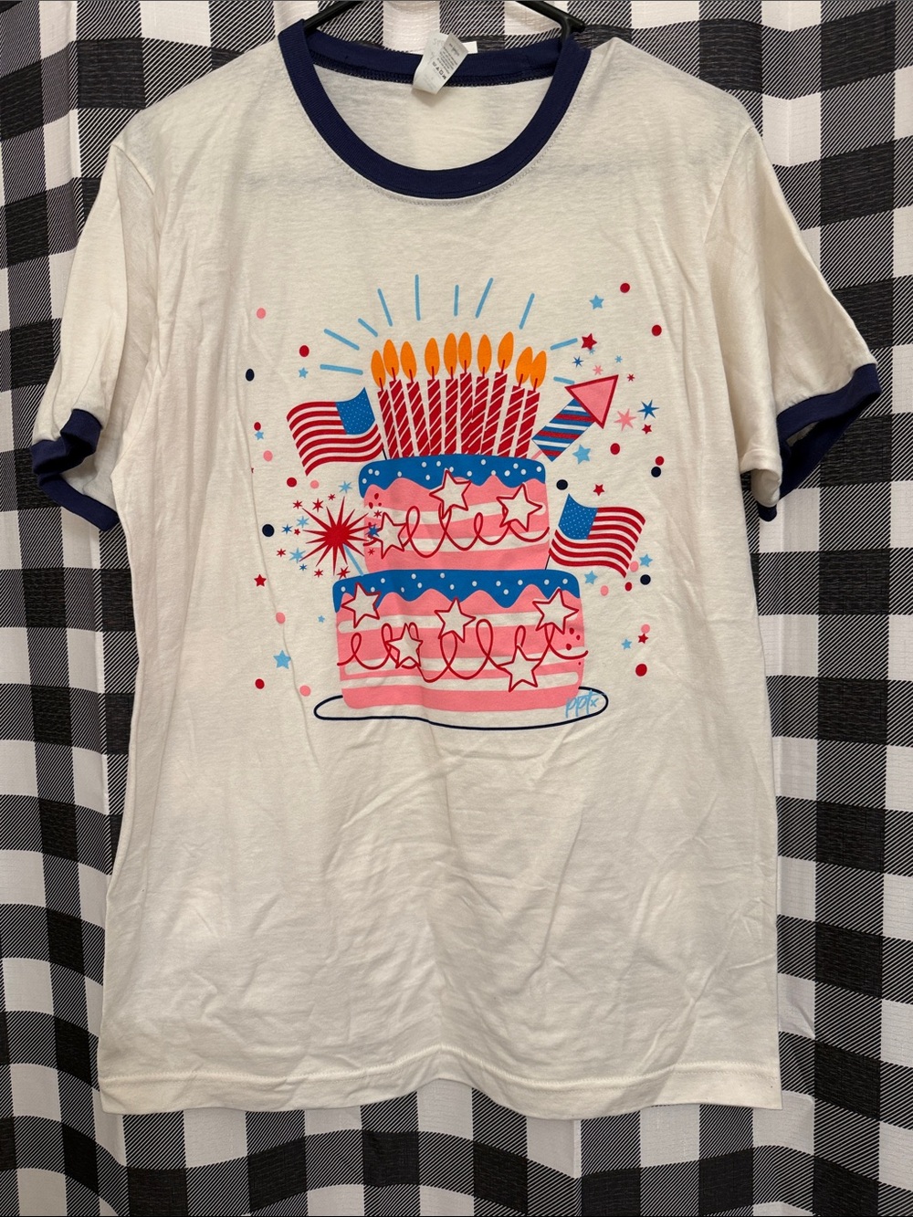 Women’s White Ringer Tee with Patriotic Cake Graphic